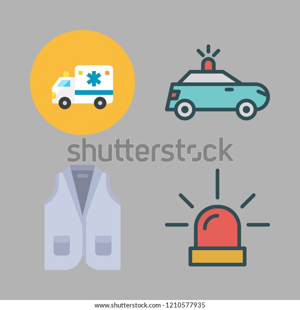 police icon set. vector set about vest, police\
car, siren and ambulance icons\
set.