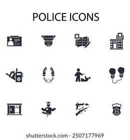 Conjunto de iconos de policía. Vector. Golpe editable. signo de estilo lineal para uso Diseño web, logotipo. Ilustración de símbolo.