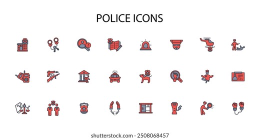 Conjunto de iconos de policía. Vector. Golpe editable. signo de estilo lineal para uso Diseño web, logotipo. Ilustración de símbolo.