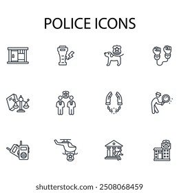 Conjunto de iconos de policía. Vector. Golpe editable. signo de estilo lineal para uso Diseño web, logotipo. Ilustración de símbolo.