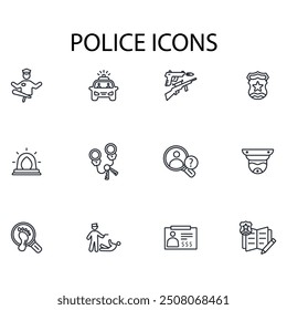 Conjunto de iconos de policía. Vector. Golpe editable. signo de estilo lineal para uso Diseño web, logotipo. Ilustración de símbolo.