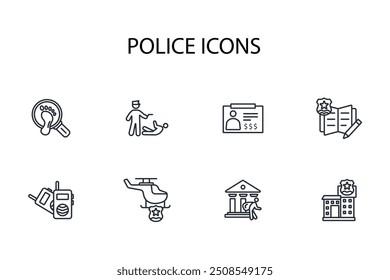 Conjunto de iconos de policía. Vector. Golpe editable. signo de estilo lineal para uso Diseño web, logotipo. Ilustración de símbolo.