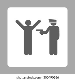 Police icon. This flat rounded square button uses dark gray and white colors and isolated on a silver background.