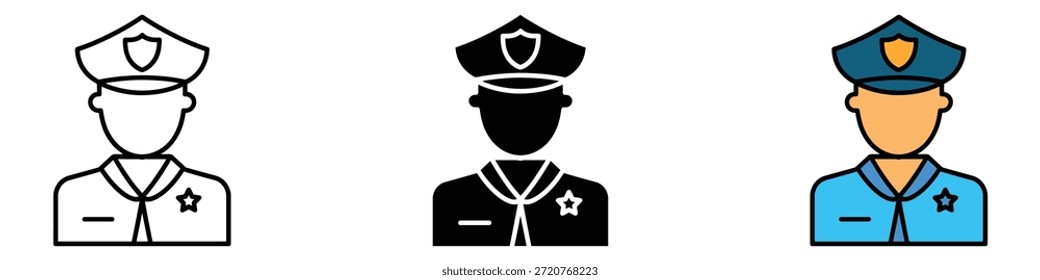 Ícone de polícia vetor. aplicação da lei, segurança e símbolo de pessoal de segurança pública. ilustração vetorial.