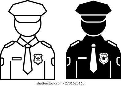 Police Icons. Black and White Vector Illustrations. Man in Police Uniform and Cap. State Security Agency
