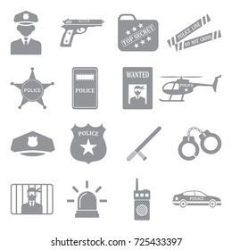 Police Icons. Gray Flat Design. Vector Illustration.