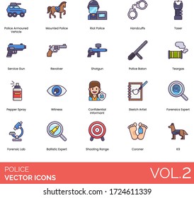 Police Icons Including Armoured Vehicle, Mounted, Riot, Handcuffs, Taser, Shotgun, Baton, Teargas, Pepper Spray, Witness, Confidential Informant, Sketch Artist, Forensics, Lab, Ballistic, Coroner, K9.