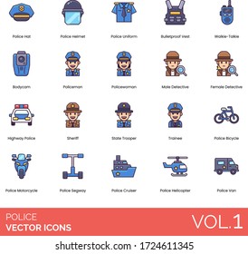 Police icons including hat, helmet, uniform, bulletproof vest, walkie-talkie, bodycam, policeman, policewoman, detective, highway, sheriff, state trooper, bicycle, motorcycle, cruiser, helicopter, van