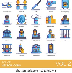 Police icons including helicopter, handcuffs, knife, whistle, shooting range, suspect, fingerprint, teargas, pepper spray, arrest, court, judge gavel, criminal record, jail, holding cell, flashlight.