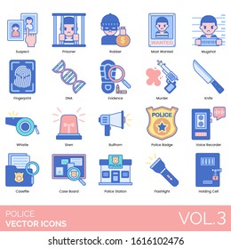 Police icons including suspect, prisoner, robber, most wanted, mugshot, fingerprint, DNA, evidence, murder, whistle, siren, badge, recorder, casefile, case board, station, flashlight, holding cell.