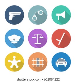 Police icons. Nine different flat color icons.