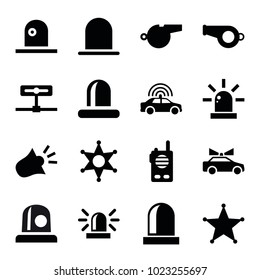 Police icons. set of 16 editable filled police icons such as police car, siren, whistle, camera, sheriff