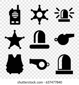 Police icons set. set of 9 police filled icons such as siren, sheriff, whistle, bulletproof vest