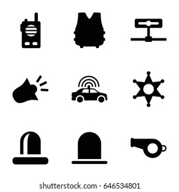 Police icons set. set of 9 police filled icons such as police car, siren, sheriff, bulletproof vest, walkie talkie, camera
