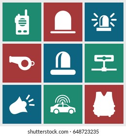 Police icons set. set of 9 police filled icons such as police car, siren, bulletproof vest, walkie talkie, camera