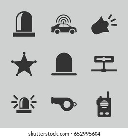 Police icons set. set of 9 police filled icons such as police car, siren, sheriff, walkie talkie, camera