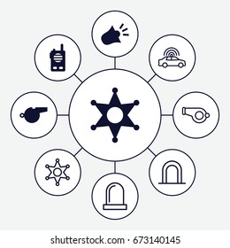 Police icons set. set of 9 police filled and outline icons such as sheriff, siren, whistle, walkie talkie