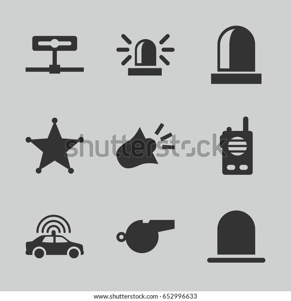 Police icons set. set of\
9 police filled icons such as police car, siren, sheriff, whistle,\
walkie talkie