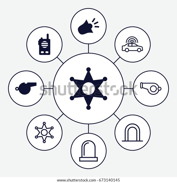 Police icons set.\
set of 9 police filled and outline icons such as sheriff, siren,\
whistle, walkie talkie