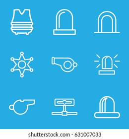 Police icons set. set of 9 police outline icons such as siren, sheriff, bulletproof vest, whistle