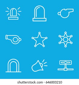 Police icons set. set of 9 police outline icons such as siren, sheriff, whistle