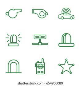 Police icons set. set of 9 police outline icons such as police car, siren, sheriff, walkie talkie, whistle