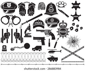 Police Icons Set (british Bobby Helmet, Hat, Bat, Hands In Handcuffs, Revolver, Chain With Shackle, Sheriff Star Shield, Barbed Wire,  Bullet Hole In Glass)