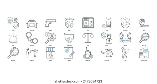 Police icons set. Set of editable stroke icons.Set of Police