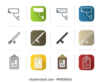 Police icons set. Flat design, linear and color styles. Camera, baton, file symbol. Isolated vector illustrations