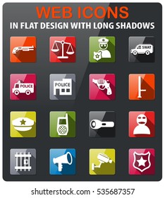 police icons set in flat design with long shadow