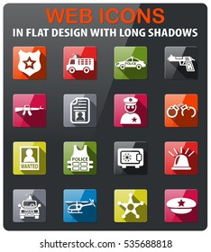 police icons set in flat design with long shadow