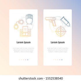 Police icons set handcuffs, plot, prisoner, gun, target, bullet. A collection of high quality color outline logo for website design and mobile apps. Vector illustration. EPS 10