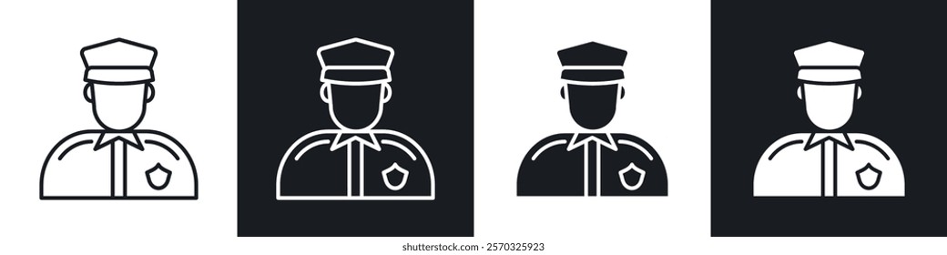 Police icons vectors set in black. line and flat versions