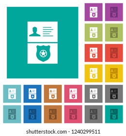 Police id and badge multi colored flat icons on plain square backgrounds. Included white and darker icon variations for hover or active effects.