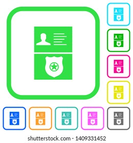 Police id and badge vivid colored flat icons in curved borders on white background