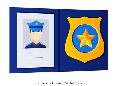 Police ID - modern flat design style single isolated image. Neat detailed illustration of gold token and badge. Law enforcement officer identification, document, detective, officer on duty idea