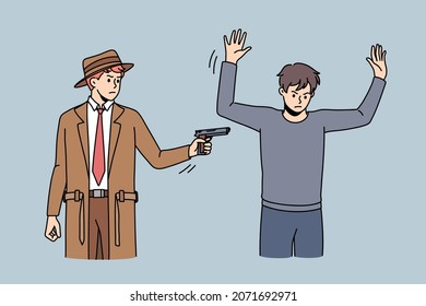 Police Inspector Catch Criminal Threaten With Gun For Illegal Conduct. Spy Or Detective Arrest Thief With Handgun. Policeman Or Cop Working. Law And Order Concept. Flat Vector Illustration. 