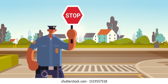 police inspector holding stop sign policeman officer in uniform security authority road traffic safety regulations service concept flat portrait horizontal