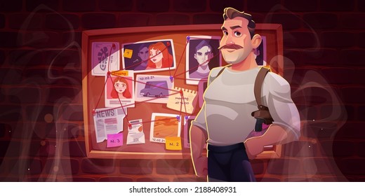 Police Inspector Or Private Detective On Background Of Board With Evidences. Vector Cartoon Illustration Of Investigator Character, Man With Gun In Holster And Cork Pinboard With Notes And Red String