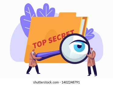 Police, Intelligence Service, Spies, Watchers Searching for Top Secret Files with Magnifier Glass. Police Private Detectives at Work Investigating and Solving Crimes. Cartoon Flat Vector Illustration svg