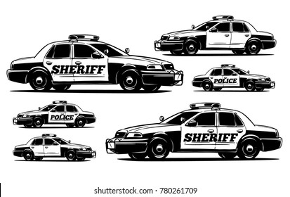 Police interceptor. Sheriff's Car black and white illustration