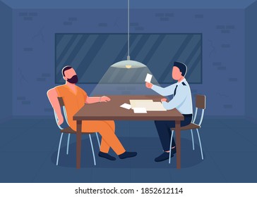 Police interrogation flat color vector illustration. Room for investigation. Cop interrogate suspect for confession. Policeman and prisoner 2D cartoon characters with department interior on background