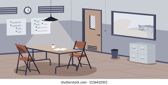 Police Interrogation Place. Empty Secure Hard Interview Room Interior With Furniture, Desk, Chairs And Lamp. Private Safe Detective Space For Questioning, Investigation. Flat Vector Illustration