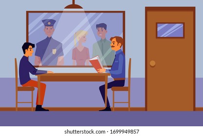 Police interrogation room interior with cartoon policeman questioning criminal suspect behind table and people looking from one way mirror window. Flat vector illustration