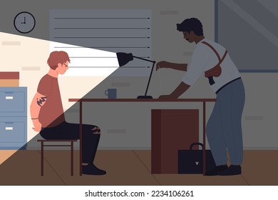 Police investigation vector illustration. Cartoon investigator interrogating criminal with handcuffs at desk with lamp in interrogation room of police office, detective asking suspect about evidences