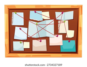 Police investigation wall with pinned notes and map connected by red thread for case. Vector cartoon illustration