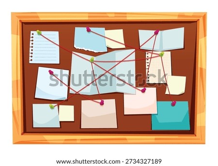 Police investigation wall with pinned notes and map connected by red thread for case. Vector cartoon illustration