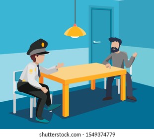 A police investigator interrogates a criminal in an interrogation room. An attacker and an officer are sitting at a table in a blue interior with a lamp and a door. Vector flat illustration.