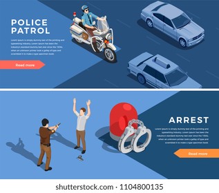 Police isometric horizontal banners set with police patrol symbols isolated vector illustration