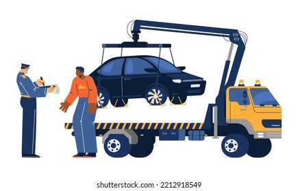 Police Issues A Fine To Owner Of Vehicle For Improper Parking While Tow Truck Evacuates The Car, Flat Cartoon Vector Illustration Isolated On White Background.